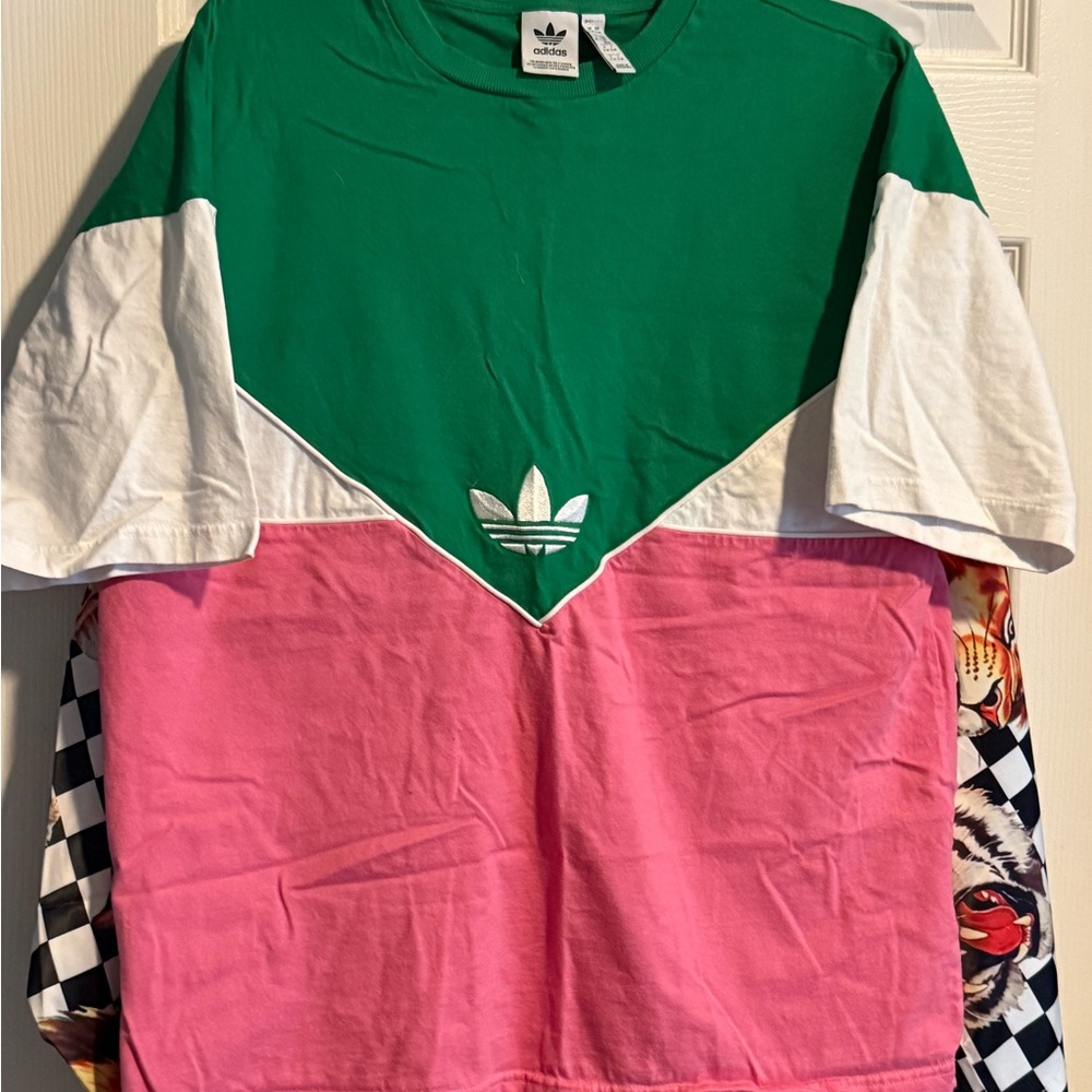 Adidas Women's Green and Pink Short Sleeve Tee